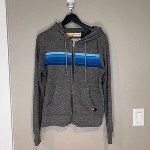 Aviator Nation - 5 STRIPE HOODIE - HEATHER GREY // BLUE - Size Small